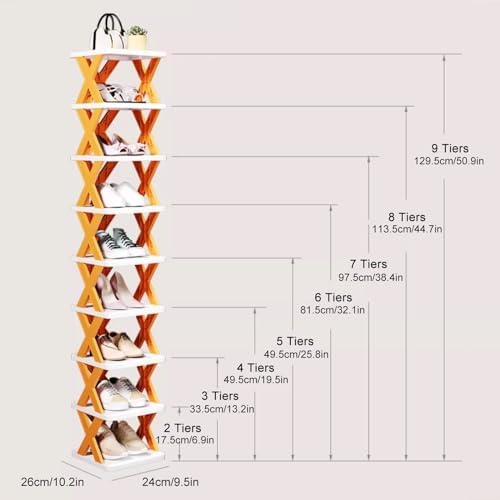 7-layer narrow shoe rack, stackable and independent design, plastic with X-shaped structure, ideal for small spaces, easy to clean