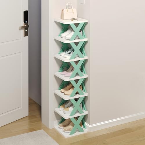 7-layer narrow shoe rack, stackable and independent design, plastic with X-shaped structure, ideal for small spaces, easy to clean