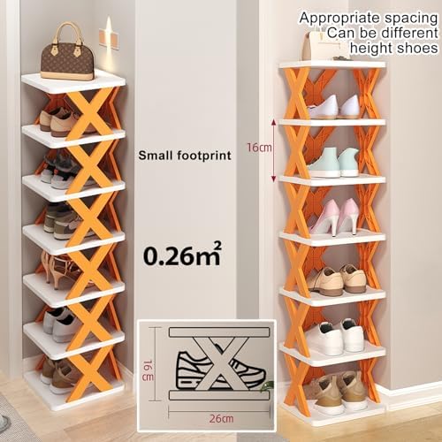 7-layer narrow shoe rack, stackable and independent design, plastic with X-shaped structure, ideal for small spaces, easy to clean