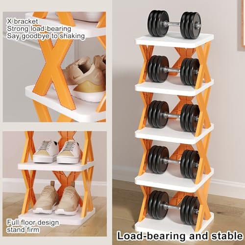 7-layer narrow shoe rack, stackable and independent design, plastic with X-shaped structure, ideal for small spaces, easy to clean